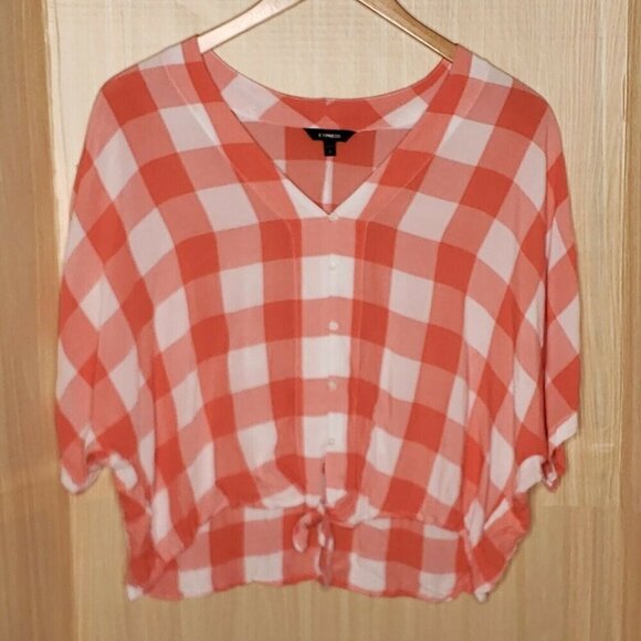 Express Womens Orange White Check Short Dolman Sleeve Front Tie Cropped Top... - Picture 1 of 7